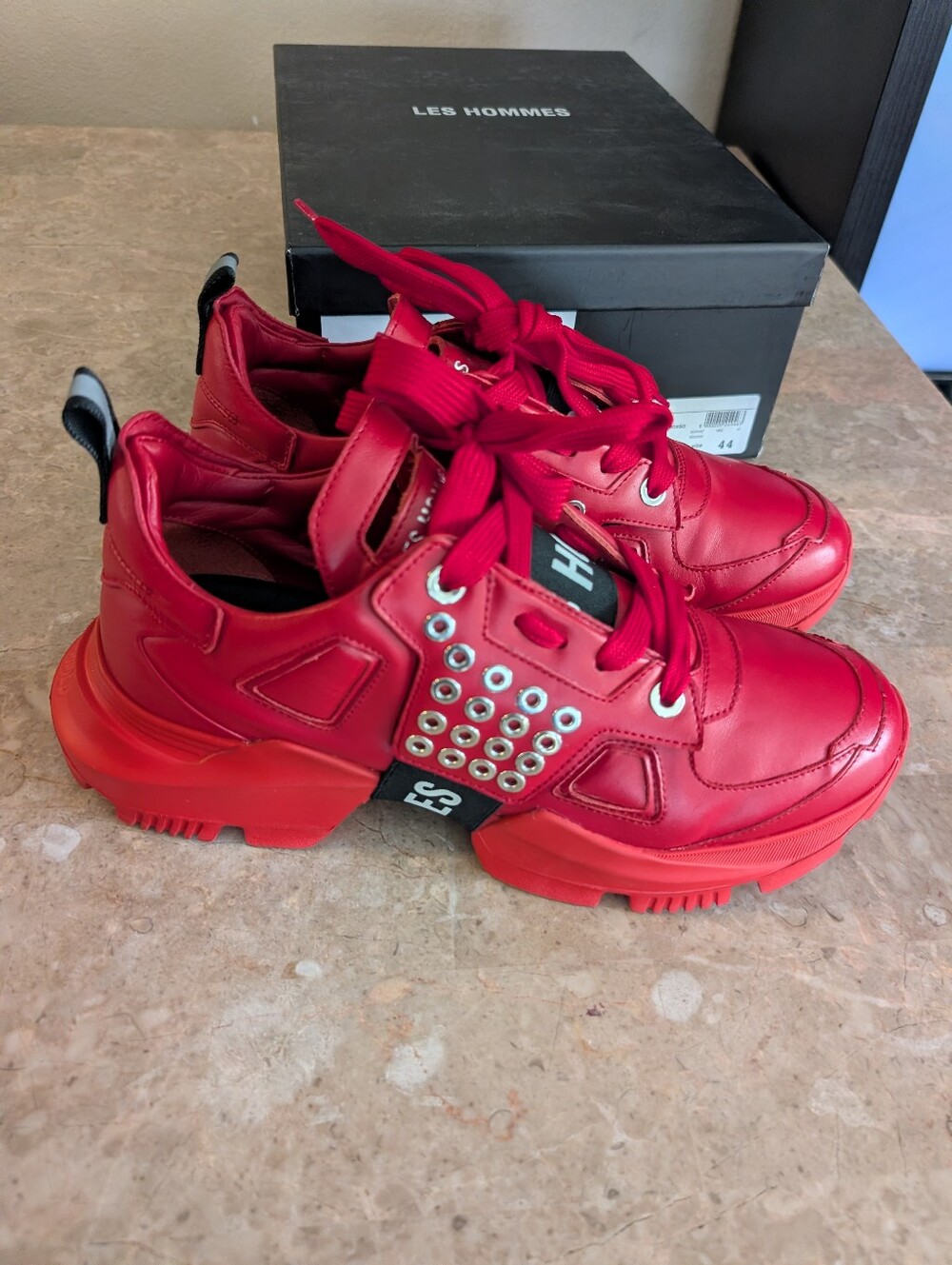 Les Hommes Fashion Sneakers Calf Tresor Made In Italy Red Black Men Size 11